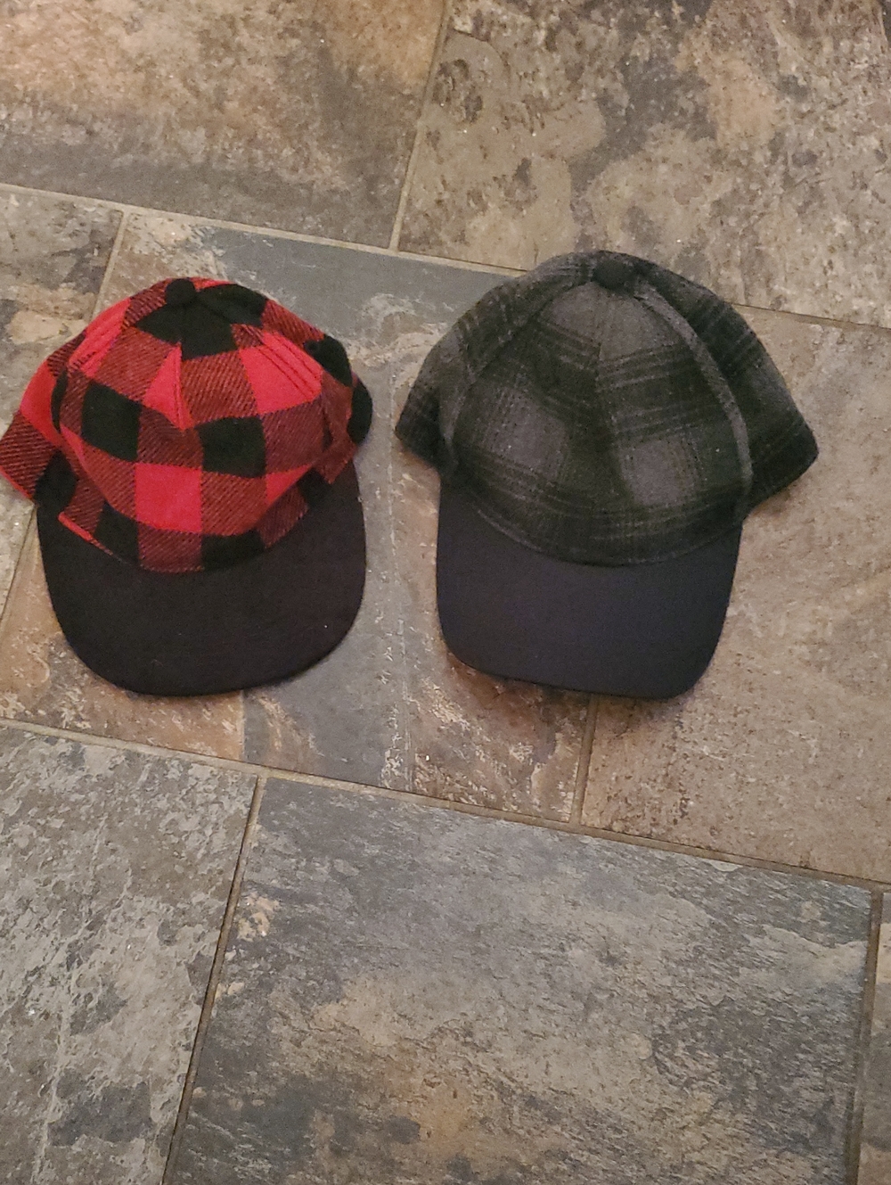 Kids Plaid Baseball Caps - Red and Black / Gray and Black Lot Of 2 Preowned